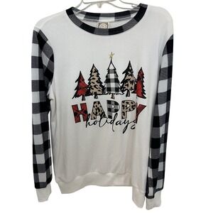 Truself sweatshirt Happy Holidays print buffalo plaid‎ sleeves 1X Christmas